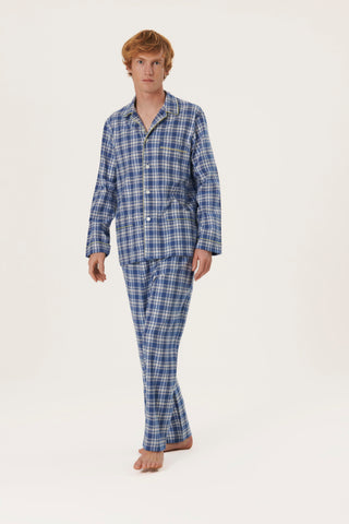 Premium Cotton Flannel Pajama Set - Plaid - Steel Blue