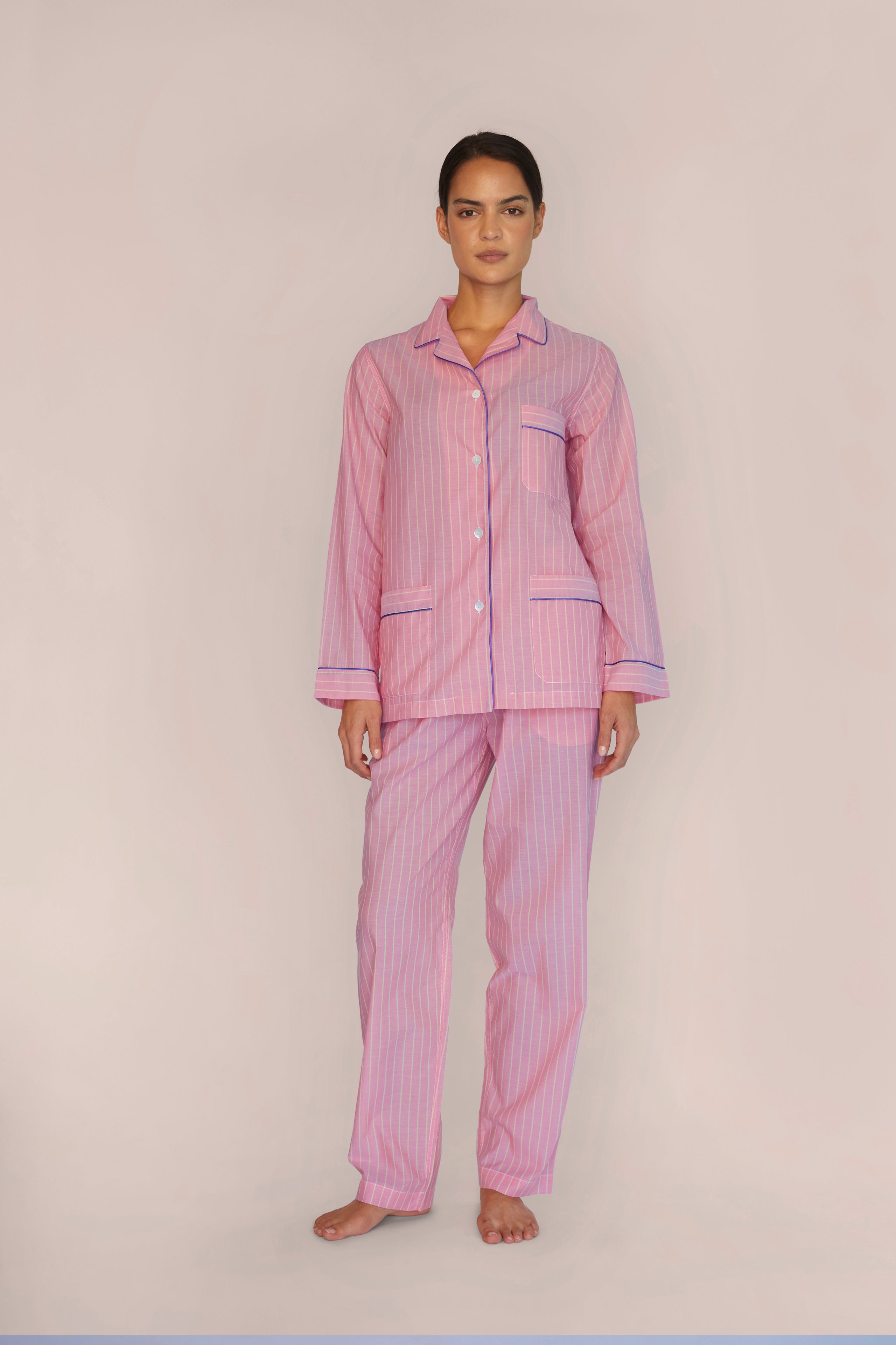 Lightweight Cotton Pajama Set - Pinstriped - Coral Peach