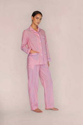 Ultra-Light Cotton Pajama Set - Pinstriped - Coral Peach