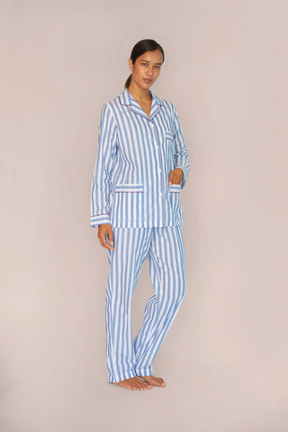 Ultra-Light Cotton Pajama Set - Striped - Avion Blue