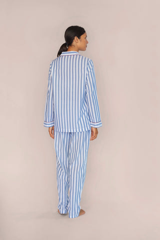 Ultra-Light Cotton Pajama Set - Striped - Avion Blue