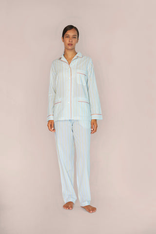 Ultra-Light Cotton Pajama Set - Striped - Citrus, Sky and Blue