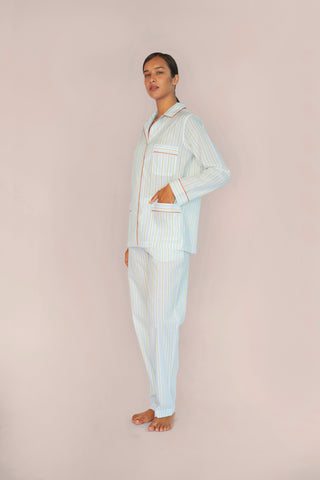Ultra-Light Cotton Pajama Set - Striped - Citrus, Sky and Blue