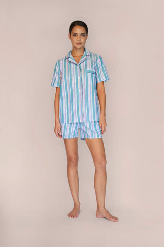 Lightweight Cotton Pajama Shorts Set - Striped - Forest Green