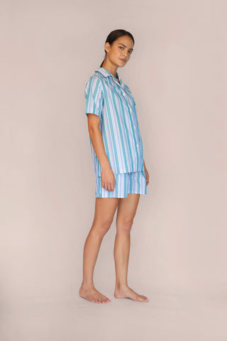 Lightweight Cotton Pajama Shorts Set - Striped - Forest Green