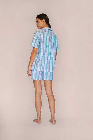Lightweight Cotton Pajama Shorts Set - Striped - Forest Green