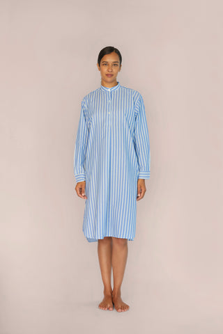 Ultra-Light Cotton Nightshirt - Pinstriped - Avion Blue