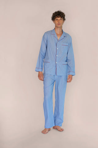 Ultra-Light Cotton Pajama Set - Pinstriped - Avion Blue