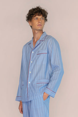 Ultra-Light Cotton Pajama Set - Pinstriped - Avion Blue
