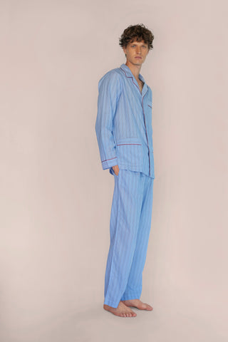 Ultra-Light Cotton Pajama Set - Pinstriped - Avion Blue
