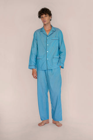 Ultra-Light Cotton Pajama Set - Pinstriped - Pale Teal