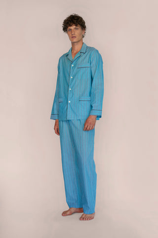 Ultra-Light Cotton Pajama Set - Pinstriped - Pale Teal