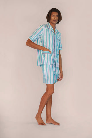Ultra-Light Short Cotton Pajama Set - Striped - Mint Green