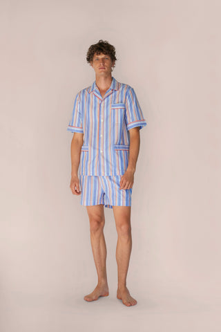 Ultra-Light Short Cotton Pajama Set - Striped - Blue, Red and Orange