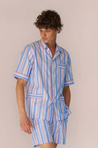Ultra-Light Short Cotton Pajama Set - Striped - Blue, Red and Orange