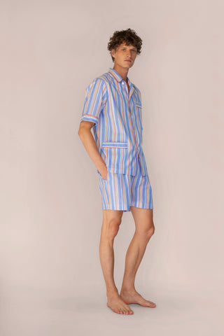 Ultra-Light Short Cotton Pajama Set - Striped - Blue, Red and Orange