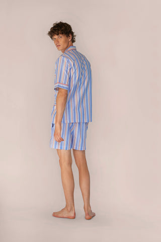 Ultra-Light Short Cotton Pajama Set - Striped - Blue, Red and Orange