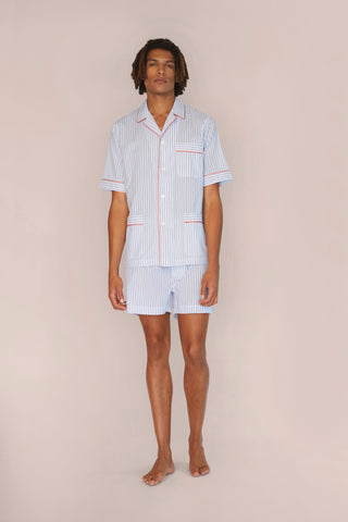 Ultra-Light Short Cotton Pajama Set - Striped - White and Navy