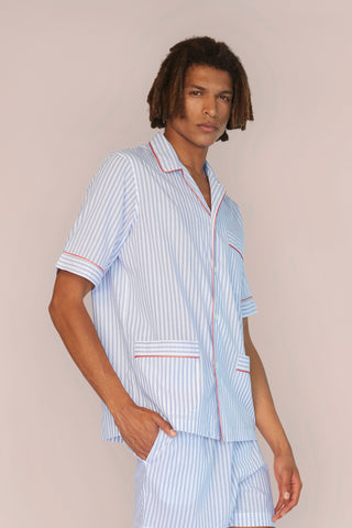 Ultra-Light Short Cotton Pajama Set - Striped - White and Navy