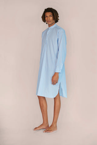 Ultra-Light Cotton Voile Nightshirt - Striped - Powder Blue and Taupe