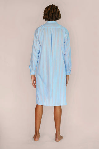 Ultra-Light Cotton Voile Nightshirt - Striped - Powder Blue and Taupe