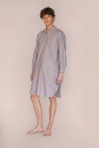 Ultra-Light Cotton Voile Nightshirt - Pinstriped - Cocoa Taupe and Navy