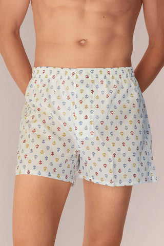 Ultra-Light Cotton Boxers - Anchor Print - Chalk White