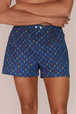 Ultra-Light Cotton Boxers - Anchor Print - Navy Blue