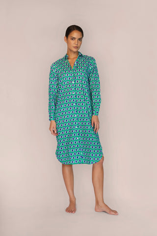 Ultra-Light Cotton Button Down Nightshirt - Print - Kelly Green