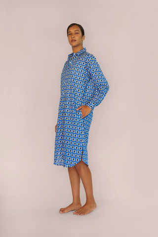 Ultra-Light Cotton Button Down Nightshirt - Print - Sapphire Blue