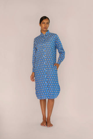 Ultra-Light Cotton Button Down Nightshirt - Print - Sapphire Blue