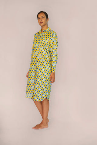 Ultra-Light Cotton Button Down Nightshirt - Print - Yellow Ochre