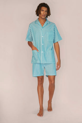 Cotton Short Pajama Set - Striped - Forest Green