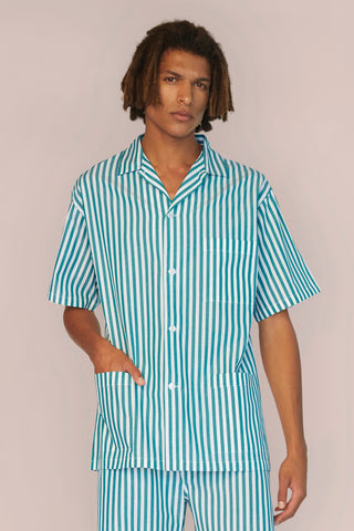 Cotton Short Pajama Set - Striped - Forest Green