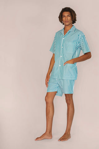 Cotton Short Pajama Set - Striped - Forest Green