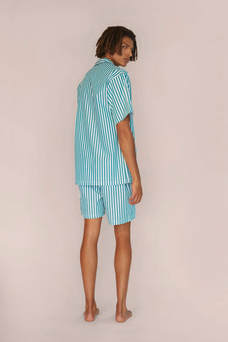 Cotton Short Pajama Set - Striped - Forest Green