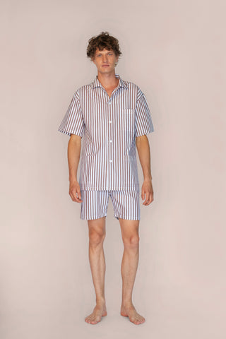 Cotton Short Pajama Set - Striped - Chocolate Brown