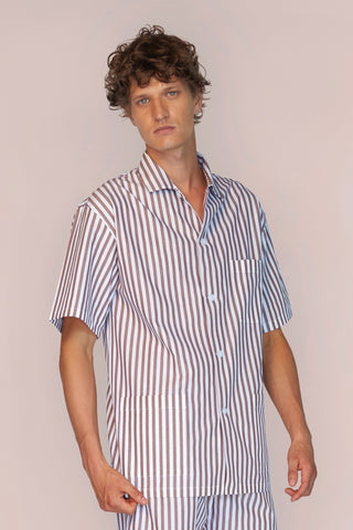 Cotton Short Pajama Set - Striped - Chocolate Brown