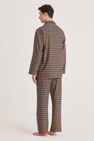 Cotton Flannel Pajama Set - Plaid - Navy Blue and Ocher Yellow