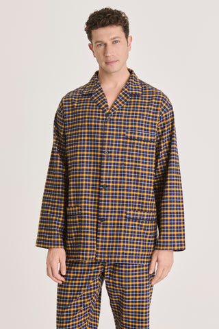 Cotton Flannel Pajama Set - Plaid - Navy Blue and Ocher Yellow