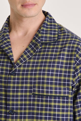 Cotton Flannel Pajama Set - Plaid - Navy Blue and Olive Green