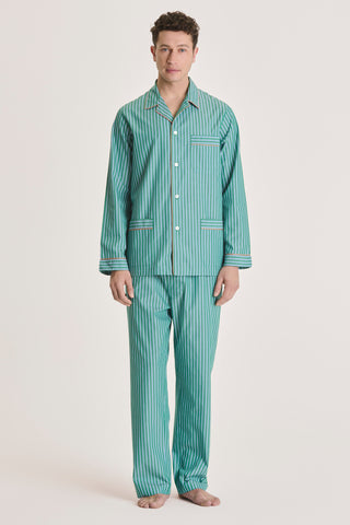 Cotton Pajama Set - Striped - Forest Green and Blue