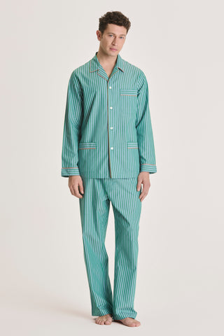 Cotton Pajama Set - Striped - Forest Green and Blue