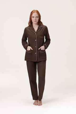 Premium Cotton Flannel Pajama Set - Chocolate Brown