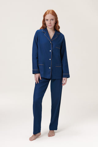 Premium Cotton Flannel Pajama Set - Ink Blue