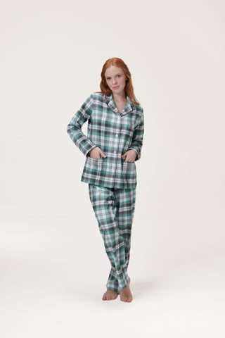 Premium Cotton Flannel Pajama Set - Plaid - Mint