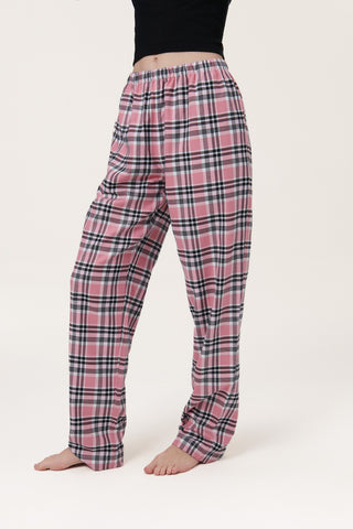 Premium Cotton Flannel Lounge Pants - Plaid - Sunset Pink
