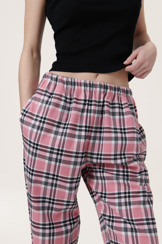 Premium Cotton Flannel Lounge Pants - Plaid - Sunset Pink
