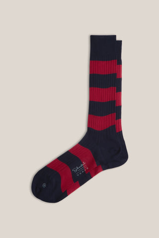 Striped Pima Cotton Ribbed Socks - Extended Mid-Calf - Navy & Carmine