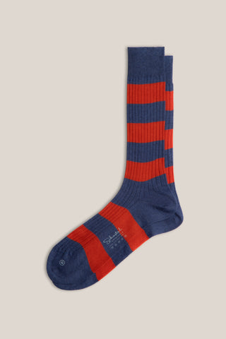 Striped Pima Cotton Ribbed Socks - Extended Mid-Calf - Denim blue & Rust